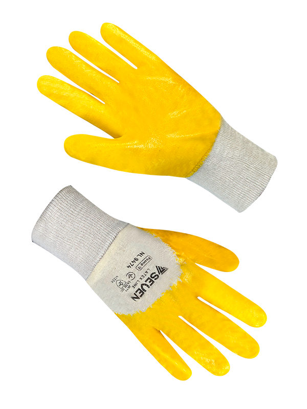 Рукавички бавовняні білі з жовтим нітриловим покриттям 3/4 SEVEN